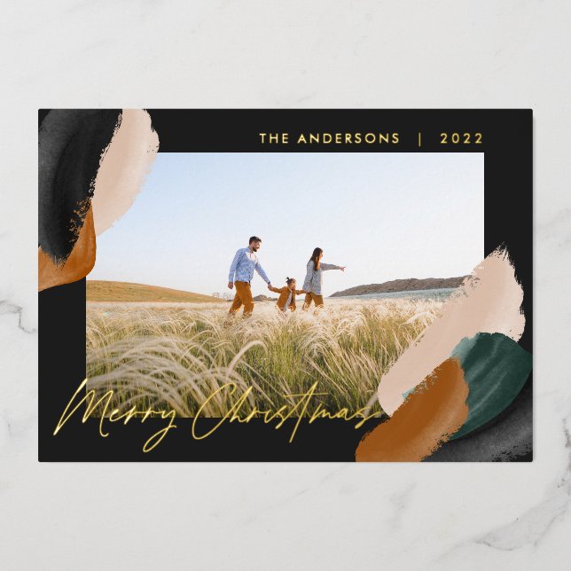 Green terracotta modern minimal watercolor photo foil holiday card (Front)