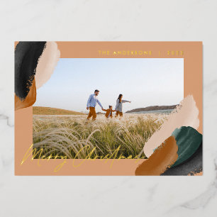 Green terracotta modern minimal watercolor photo foil holiday card