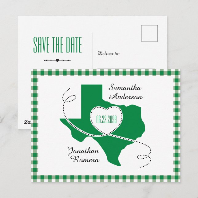 Green Texas Curling Ribbon Save the Date Postcard (Front/Back)