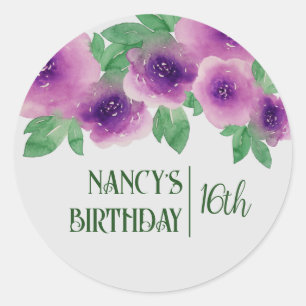 Green Text Watercolor Purple Roses 16th Birthday Classic Round Sticker