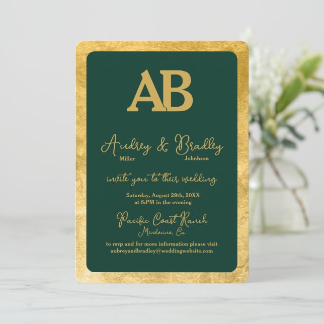 Green Texture Gold Frame 2 Letter Monogram Wedding Invitation (Standing Front)