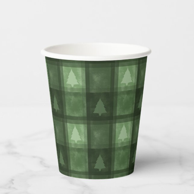 Green Textured Plaid And Fir Tree Shapes Christmas Paper Cups (Front)