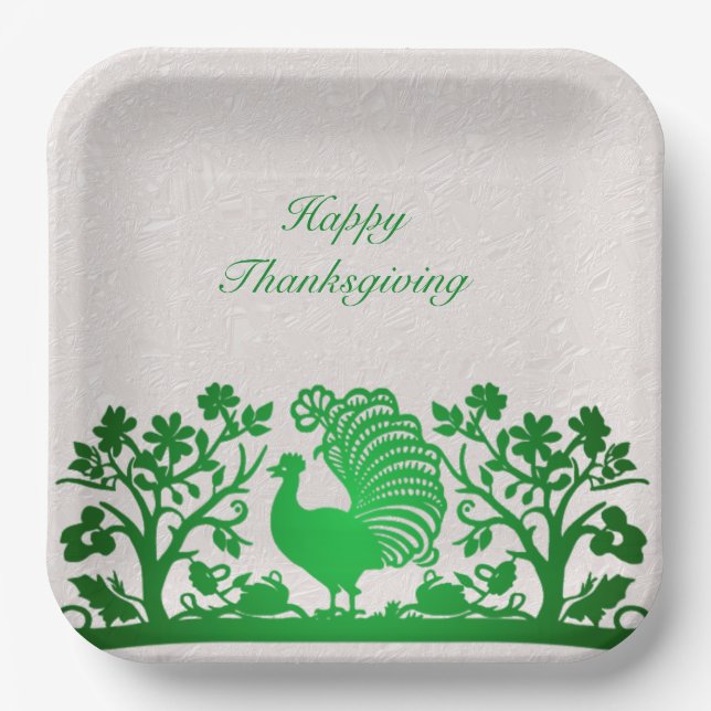 Green Thanksgiving Turkey Floral Paper Plate (Front)