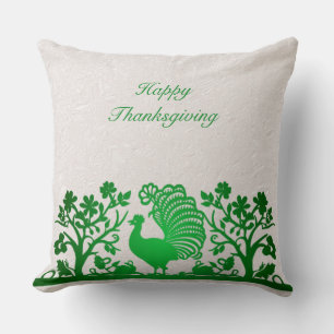 Green Thanksgiving Turkey Floral Throw Pillow