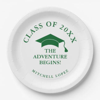 Green The Adventure Begins Graduation Paper Plate