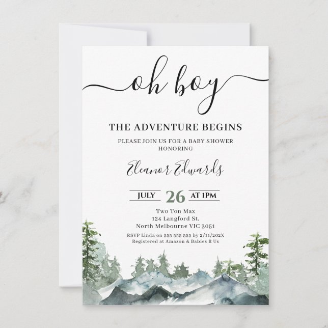 Green The Adventure Begins Wilderness Baby Shower  Invitation (Front)
