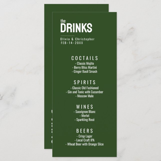 Green The Drinks menu with text Minimalist Bold  (Front/Back)