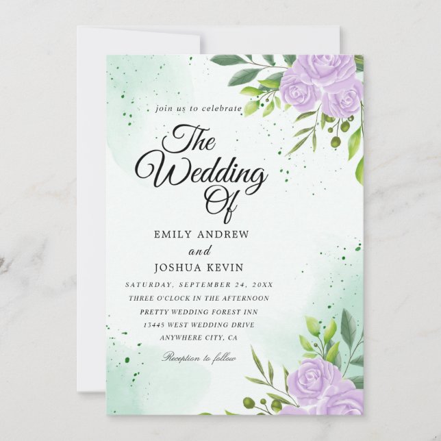 green theme and purple wedding invitations (Front)