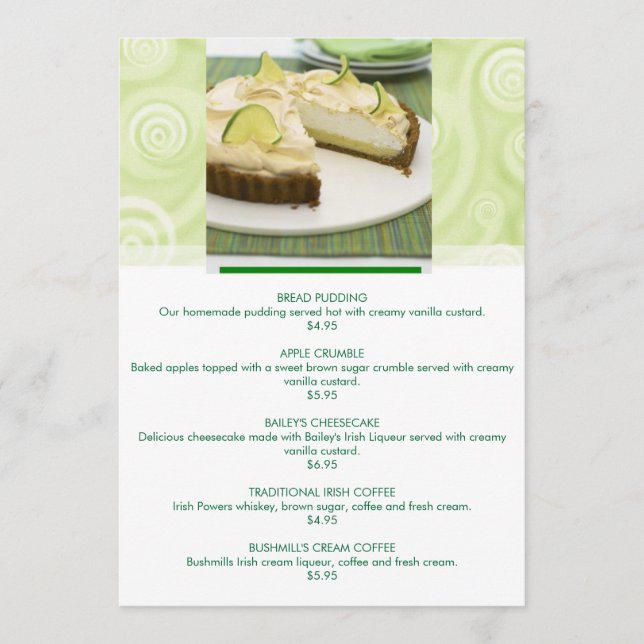 Green theme customisable dessert menu (Front)