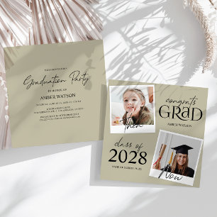 Green Then And Now 2 Photo Graduation Invitation