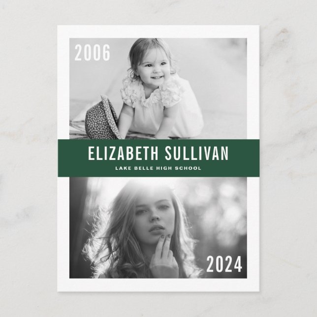 Green Then and Now Photo Collage Graduation Announcement Postcard (Front)