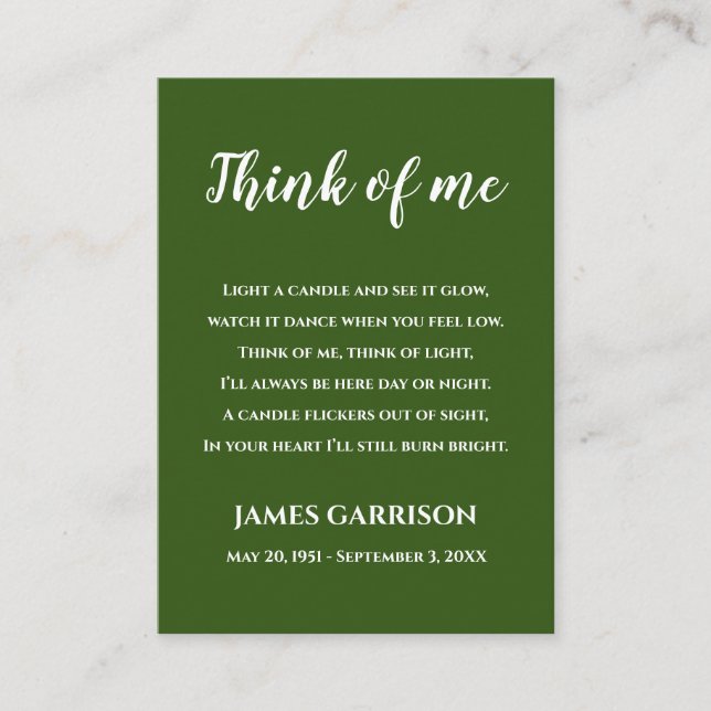 Green Think Of Me Poem Celebration of Life Candle Place Card (Front)