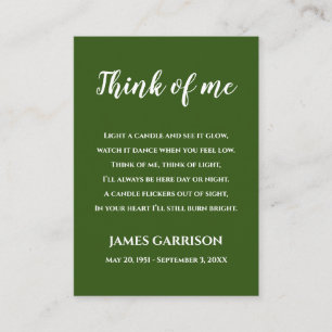 Green Think Of Me Poem Celebration of Life Candle Place Card