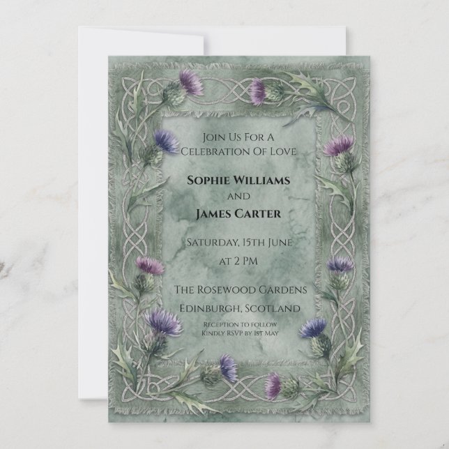 Green Thistle Wedding Invitation (Front)