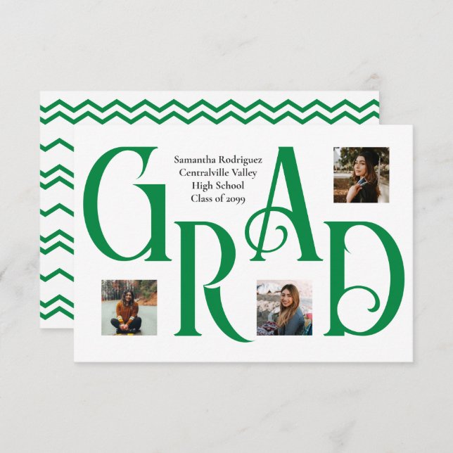 Green Three-Photo Classic & Bold GRAD Letter Announcement (Front/Back)