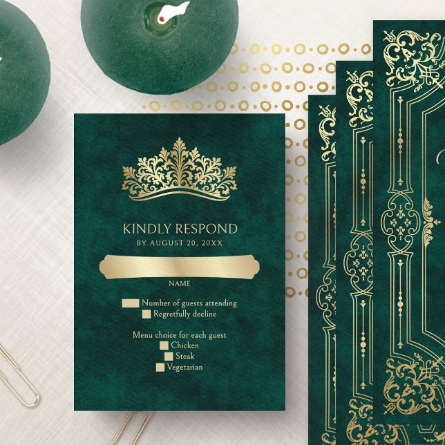 Green Tiara Crown Elegant Quinceanera RSVP Card (Creator Uploaded)