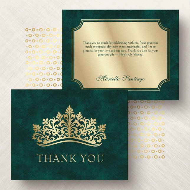 Green Tiara Crown Elegant Quinceanera Thank You Card (Creator Uploaded)