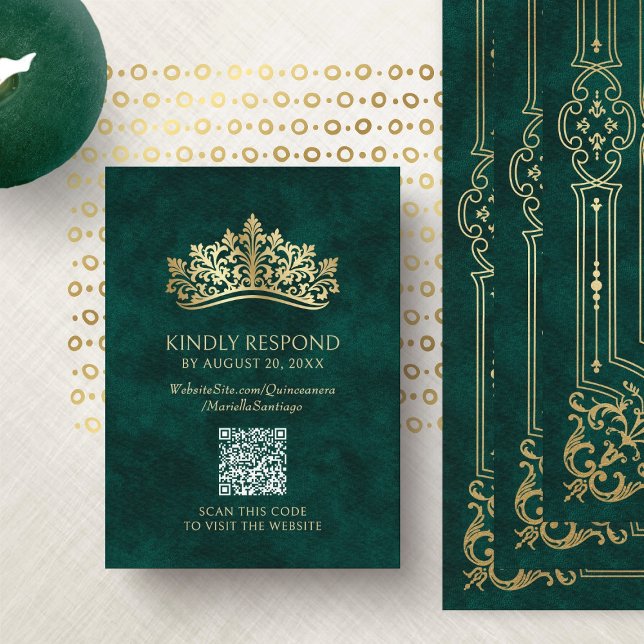 Green Tiara Crown QR RSVP Quinceanera Enclosure Card (Creator Uploaded)