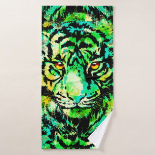 Green Tiger Head - Tiger Artwork - Wildlife Bath Towel Set