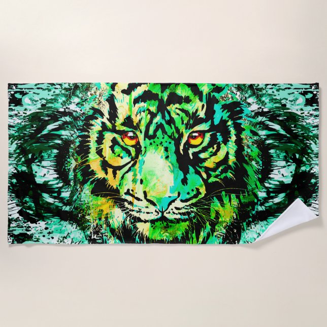 Green Tiger Head | Tiger Drawing Beach Towel (Front)