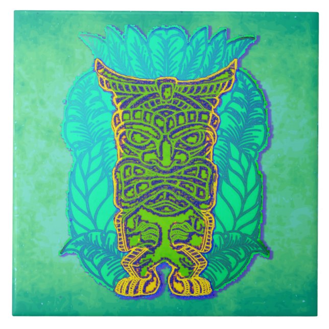 Green Tiki on Turqoise Grungy Background Tile (Front)