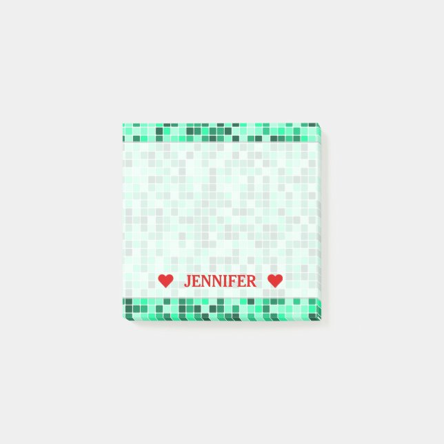 Green Tiled Squares Pattern & Custom Name Note (Front)