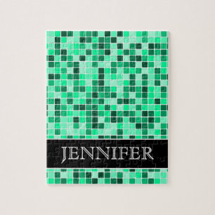 Green Tiled Squares Pattern + Custom Name Puzzle