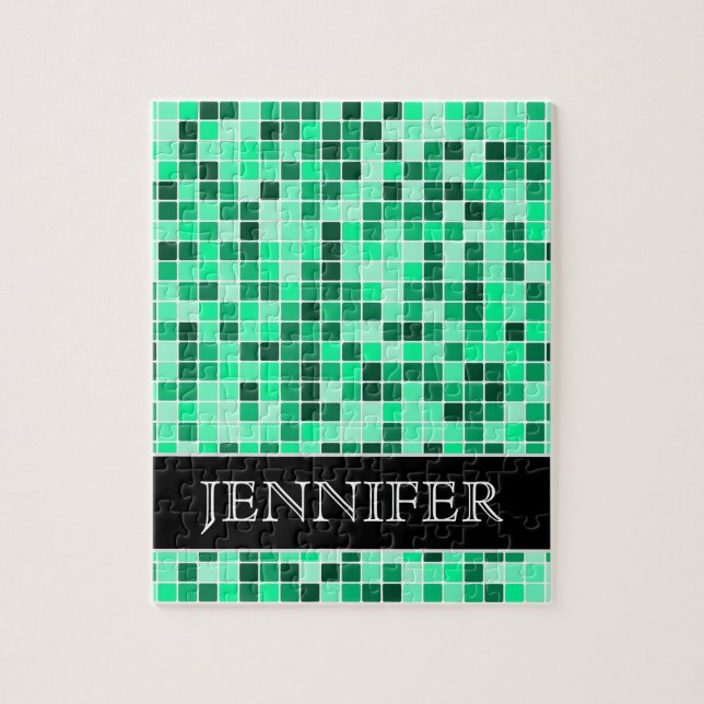 Green Tiled Squares Pattern + Custom Name Puzzle (Vertical)