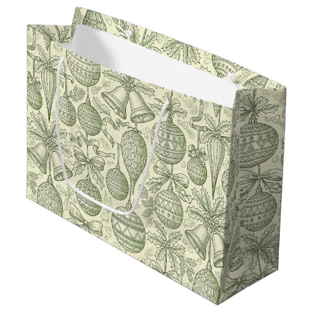 Green Toile Christmas Bells & Ornaments Pattern 2 Large Gift Bag (Front Angled)