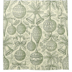 Green Toile Christmas Bells & Ornaments Pattern 2 Shower Curtain