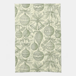Green Toile Christmas Bells & Ornaments Pattern 2 Tea Towel