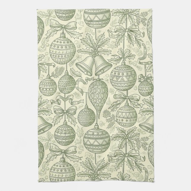 Green Toile Christmas Bells & Ornaments Pattern 2 Tea Towel (Vertical)