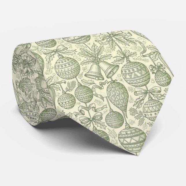 Green Toile Christmas Bells & Ornaments Pattern 2 Tie (Rolled)