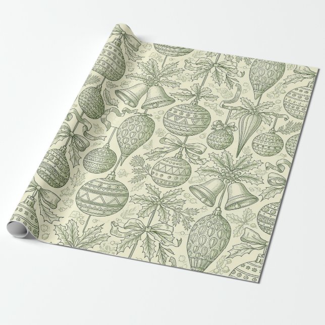 Green Toile Christmas Bells & Ornaments Pattern 2 Wrapping Paper (Unrolled)
