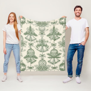 Green Toile Christmas Bells & Ornaments Pattern Fleece Blanket