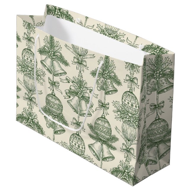Green Toile Christmas Bells & Ornaments Pattern Large Gift Bag (Front Angled)