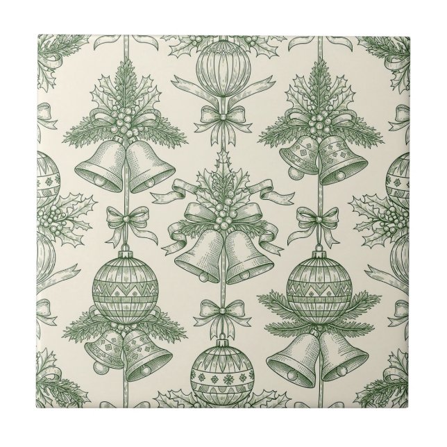 Green Toile Christmas Bells & Ornaments Pattern Tile (Front)