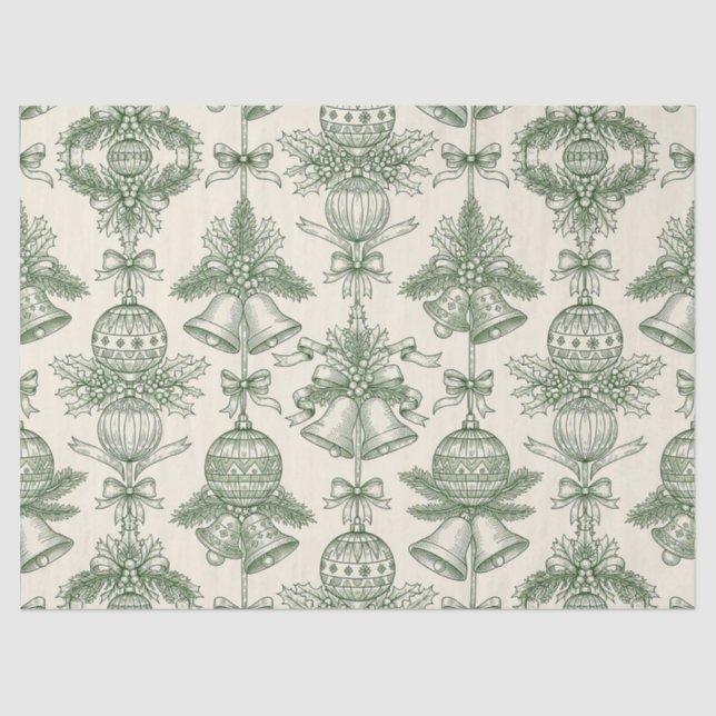 Green Toile Christmas Bells & Ornaments Pattern Tissue Paper (Front)