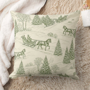 Green Toile Christmas Sleigh Ride Pattern (2) Cushion