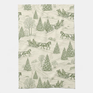 Green Toile Christmas Sleigh Ride Pattern (2) Tea Towel