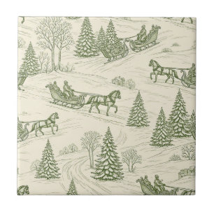 Green Toile Christmas Sleigh Ride Pattern (2) Tile