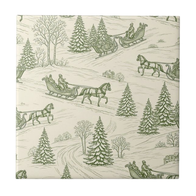 Green Toile Christmas Sleigh Ride Pattern (2) Tile (Front)