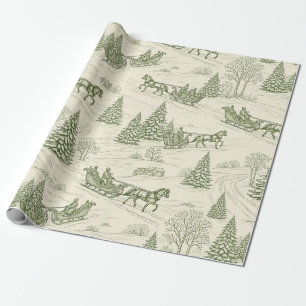 Green Toile Christmas Sleigh Ride Pattern (2) Wrapping Paper