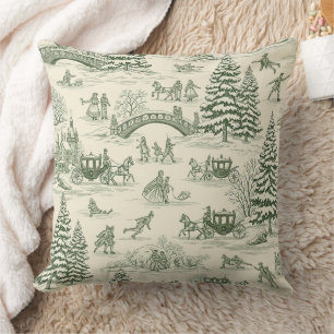 Green Toile Christmas Sleigh Ride Pattern (3) Cushion