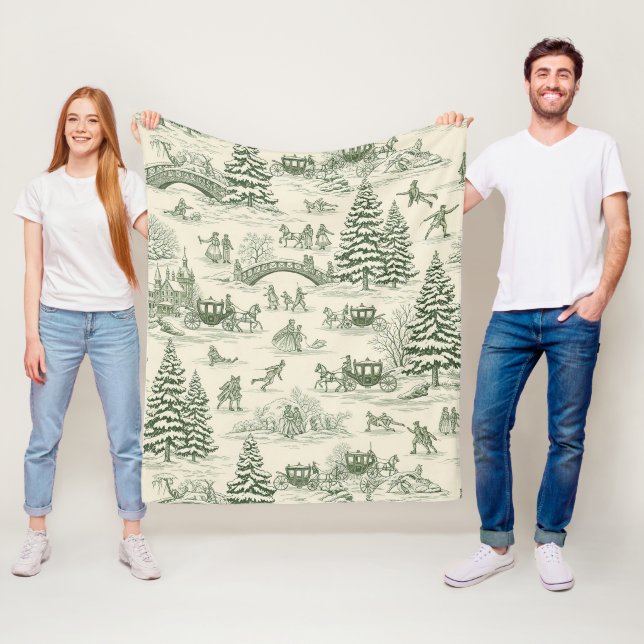 Green Toile Christmas Sleigh Ride Pattern (3) Fleece Blanket (In Situ)