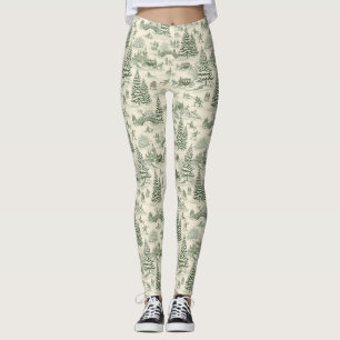 Green Toile Christmas Sleigh Ride Pattern (3) Leggings