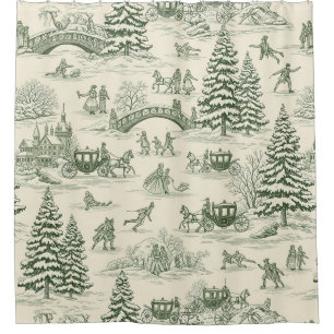 Green Toile Christmas Sleigh Ride Pattern (3) Shower Curtain