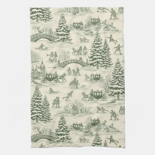 Green Toile Christmas Sleigh Ride Pattern (3) Tea Towel