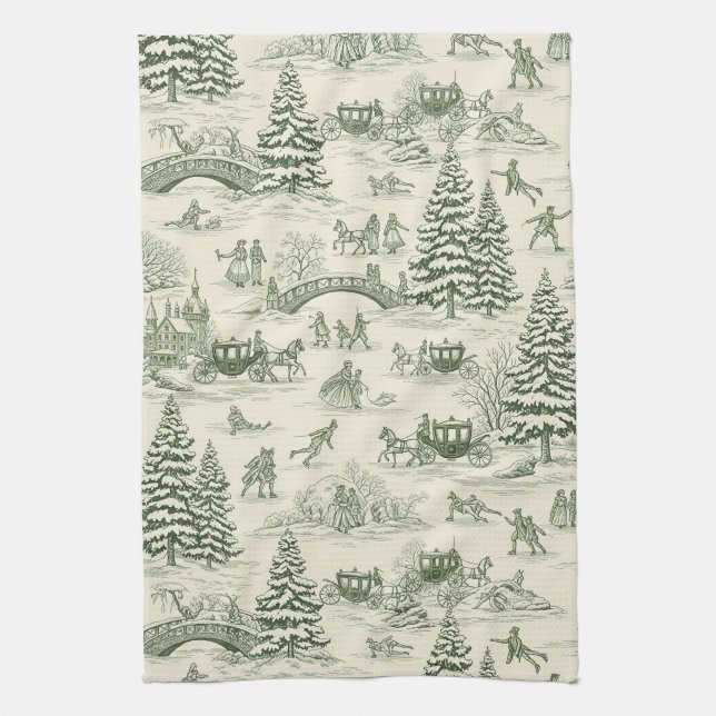 Green Toile Christmas Sleigh Ride Pattern (3) Tea Towel (Vertical)