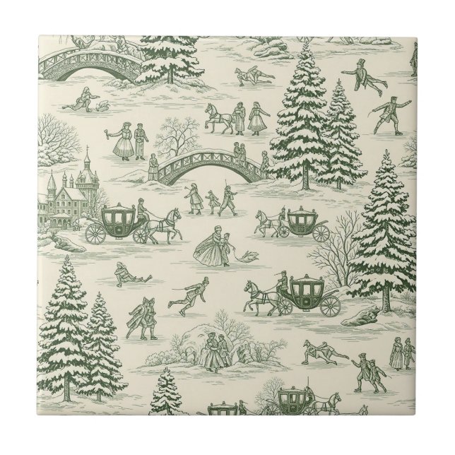 Green Toile Christmas Sleigh Ride Pattern (3) Tile (Front)
